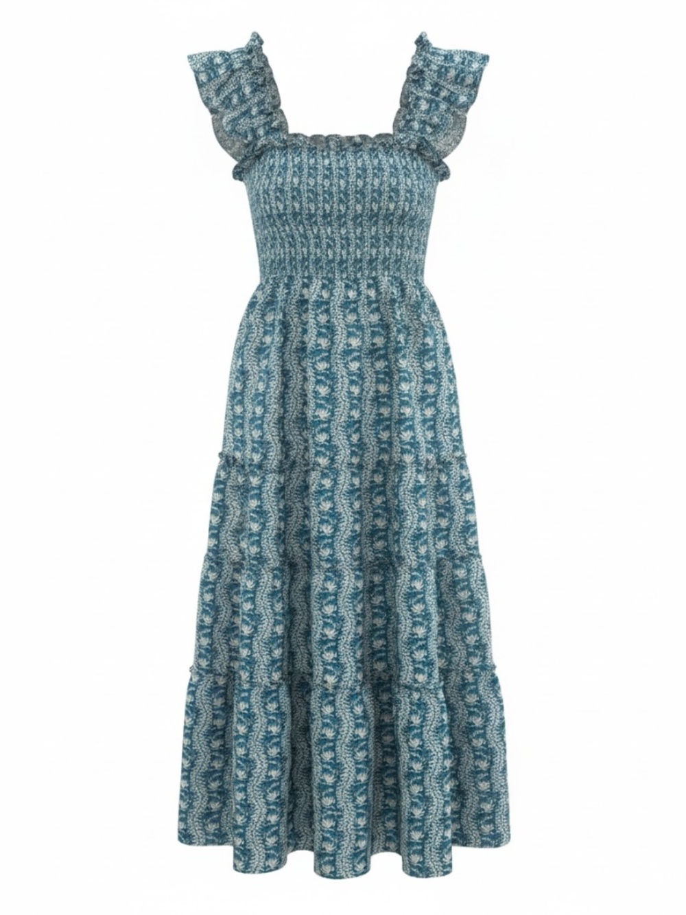Hill House Home Ellie Nap Dress Blue Floral Smocked Tiered Midi Maxi Dress Size